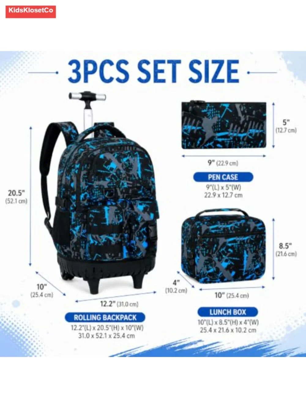 Wheeled Backpack Set for Boys Rolling Bookbag with Lunch Box & Pencil Bag